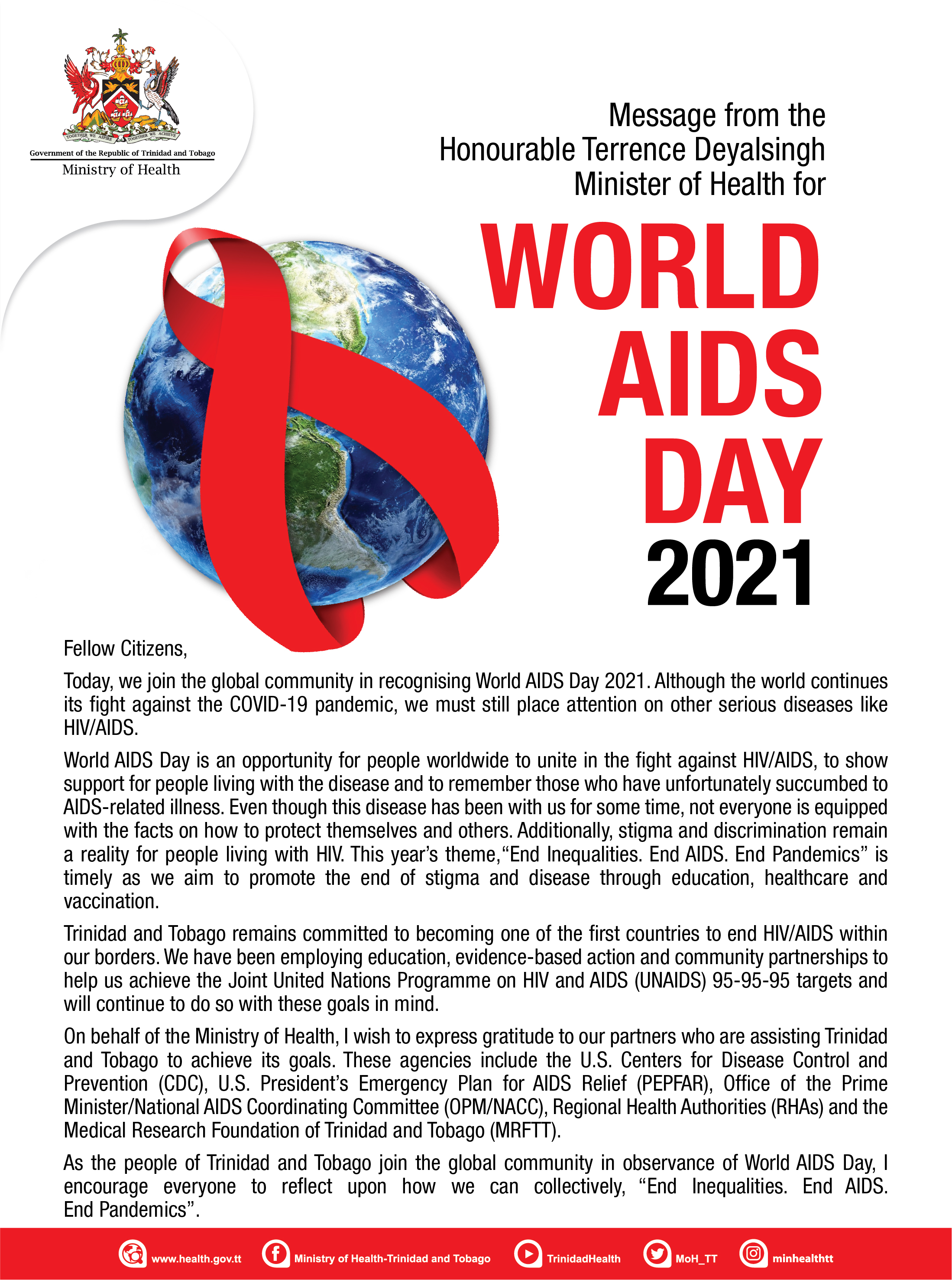 Message from the Honourable Terrence Deyalsingh, Minister of Health for World AIDS Day 2021