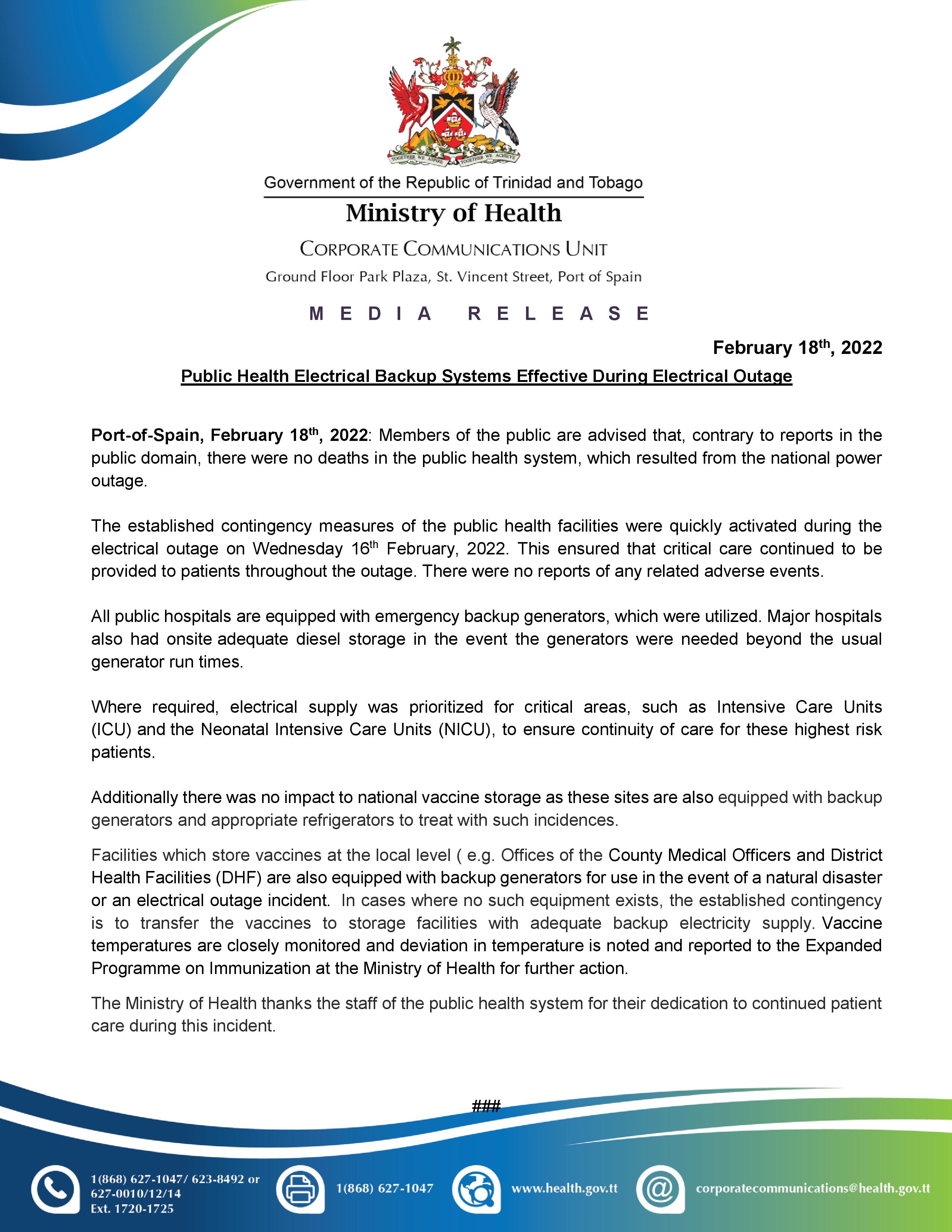 Public Health Electrical Backup Systems Effective During Electrical Outage