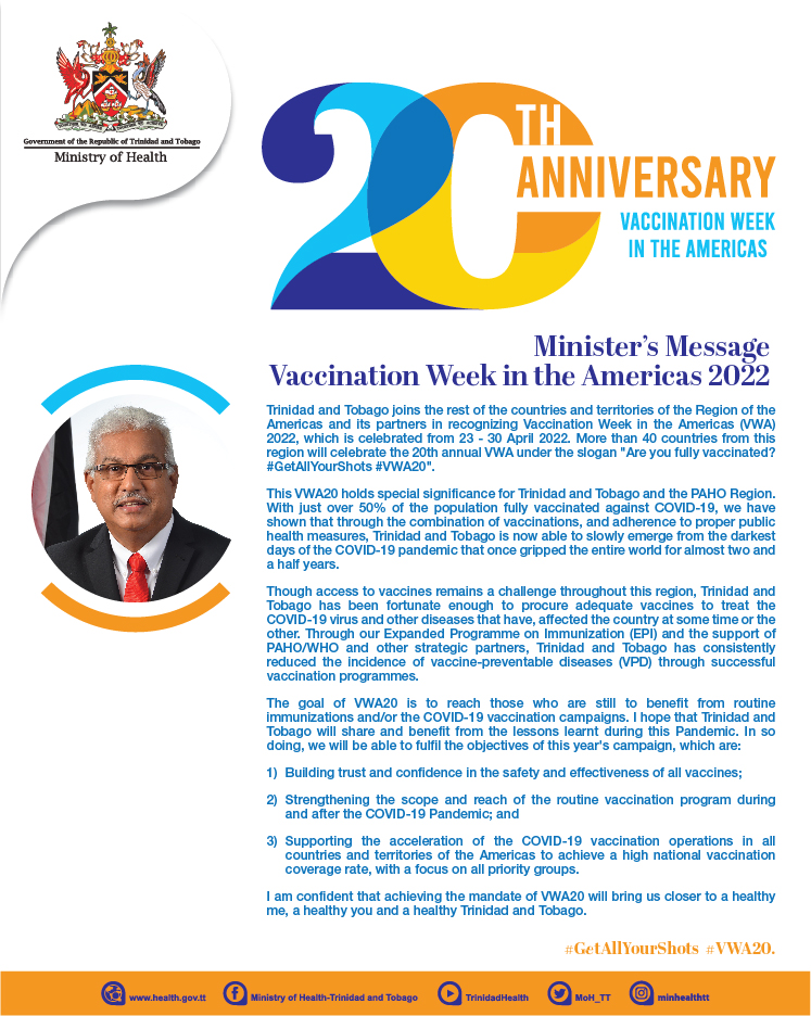 Message from the Honourable Terrence Deyalsingh, Minister of Health in commemoration of Vaccination Week in the Americas