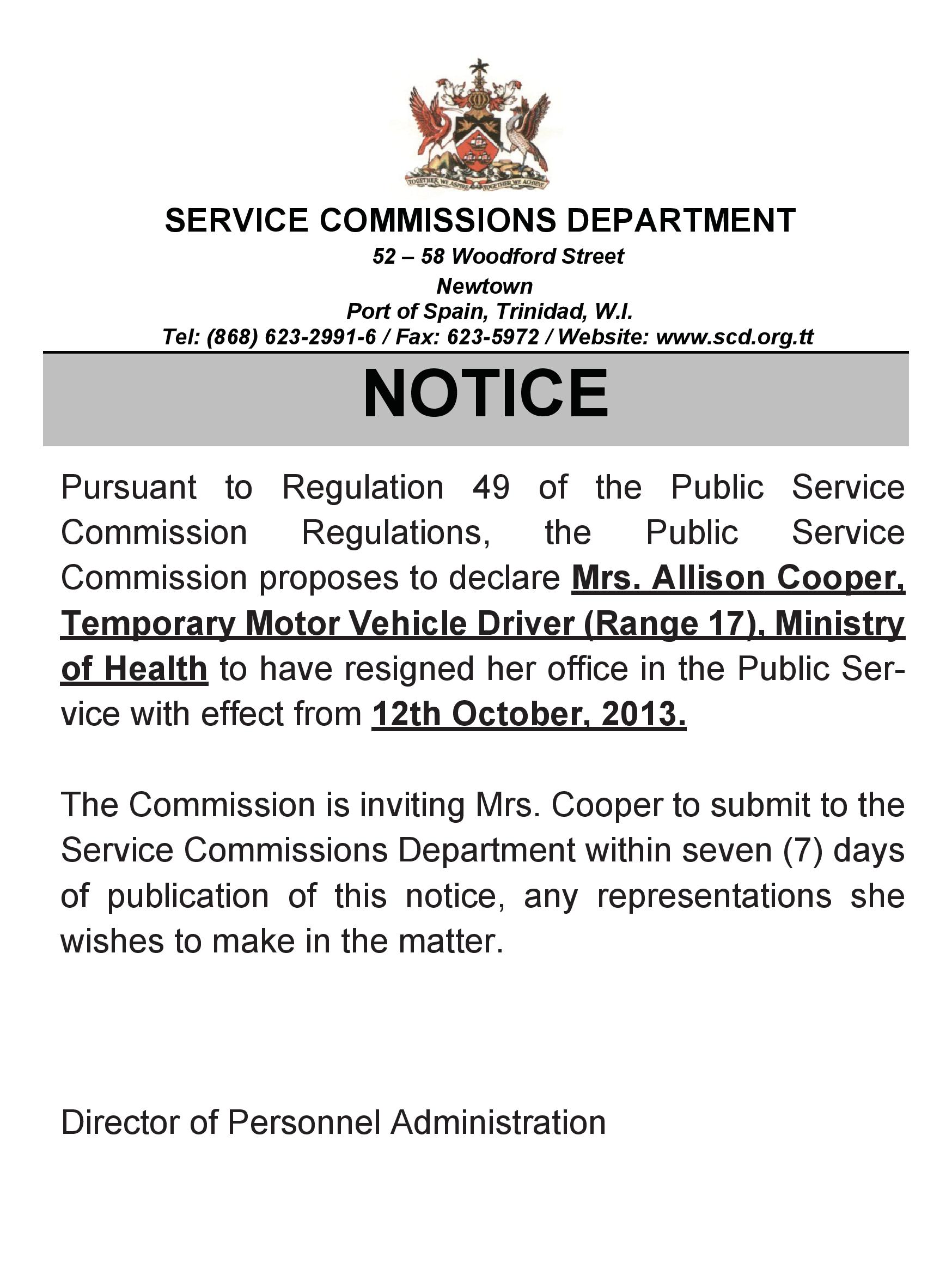 Notice - Resignation of Office, Mrs. Allison Cooper