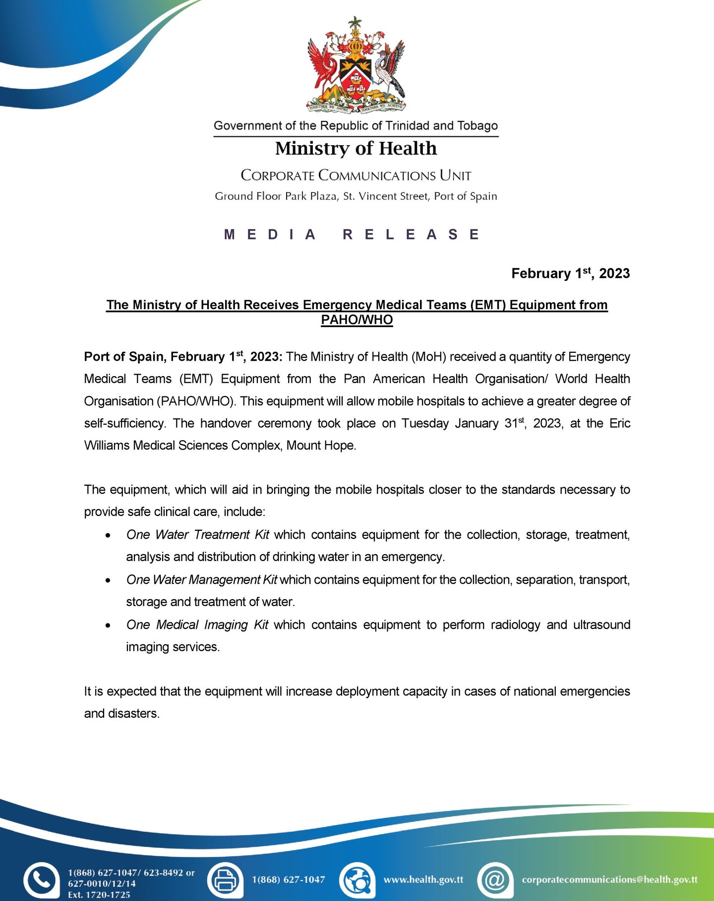 Media Release: The Ministry of Health Receives Emergency Medical Teams (EMT) Equipment from PAHO/WHO