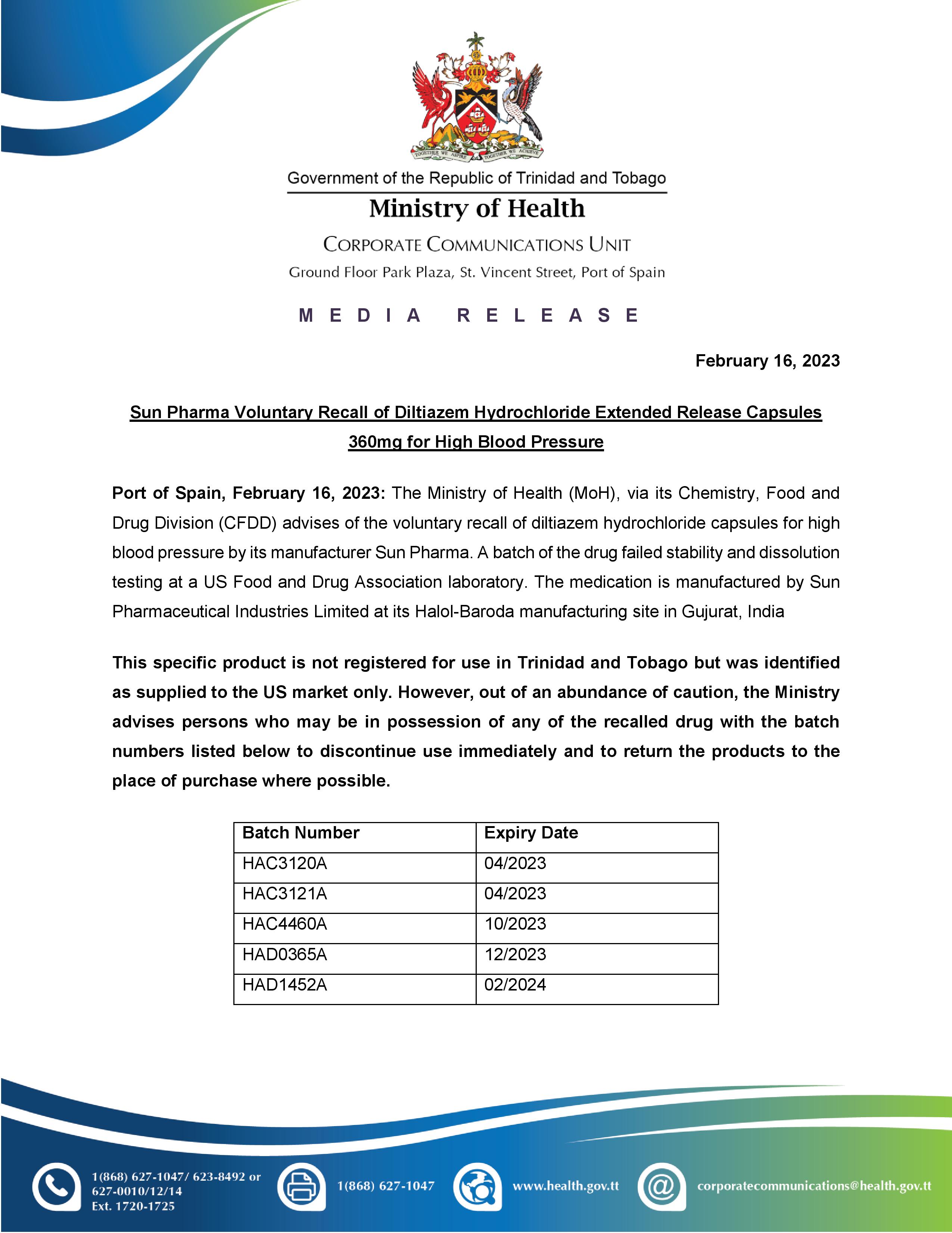 Media Release - Sun Pharma Voluntary Recall of Diltiazem Hydrochloride Extended Release Capsules 360mg for High Blood Pressure