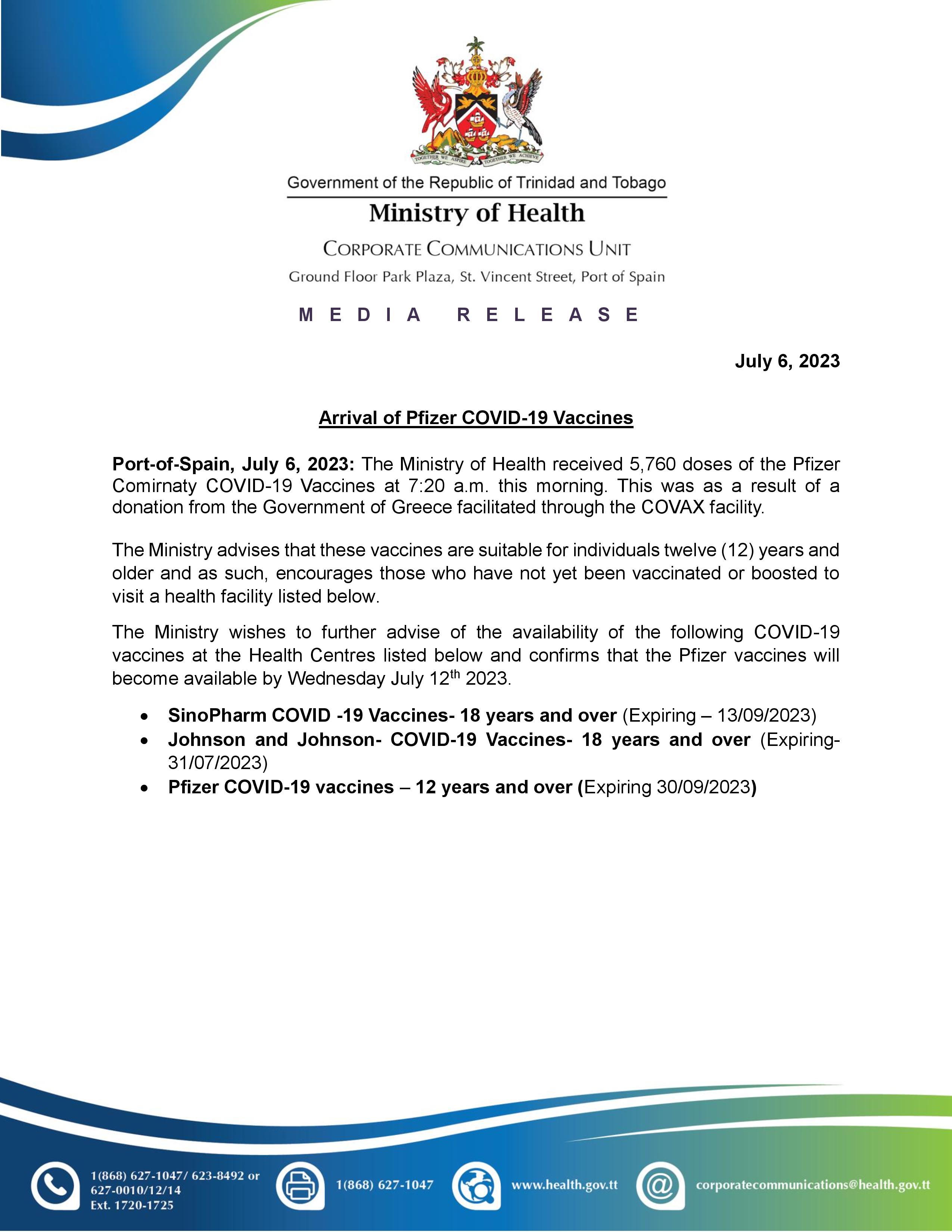 Media Release - Arrival of Pfizer COVID-19 Vaccines
