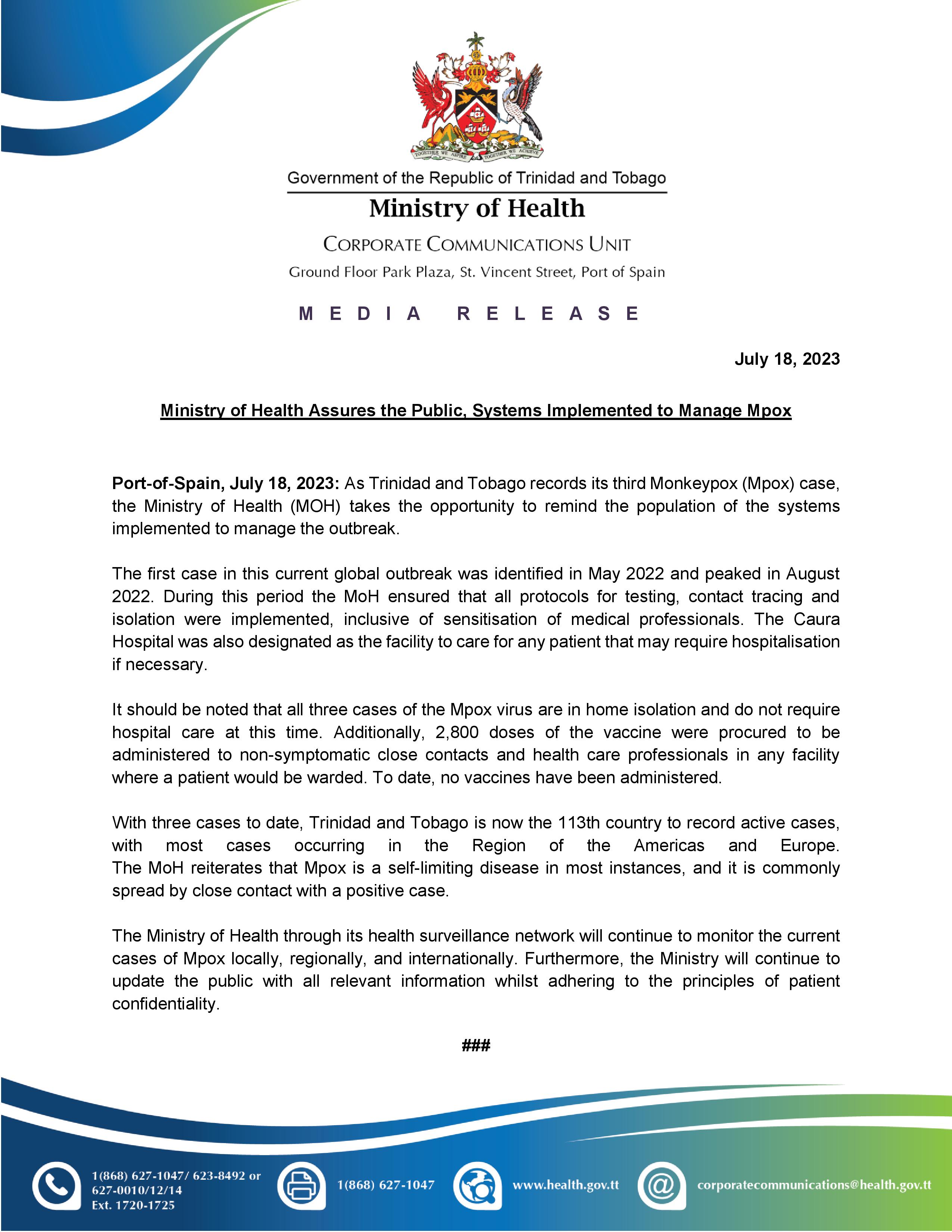 Media Release - Ministry of Health Assures the Public, Systems Implemented to Manage Mpox