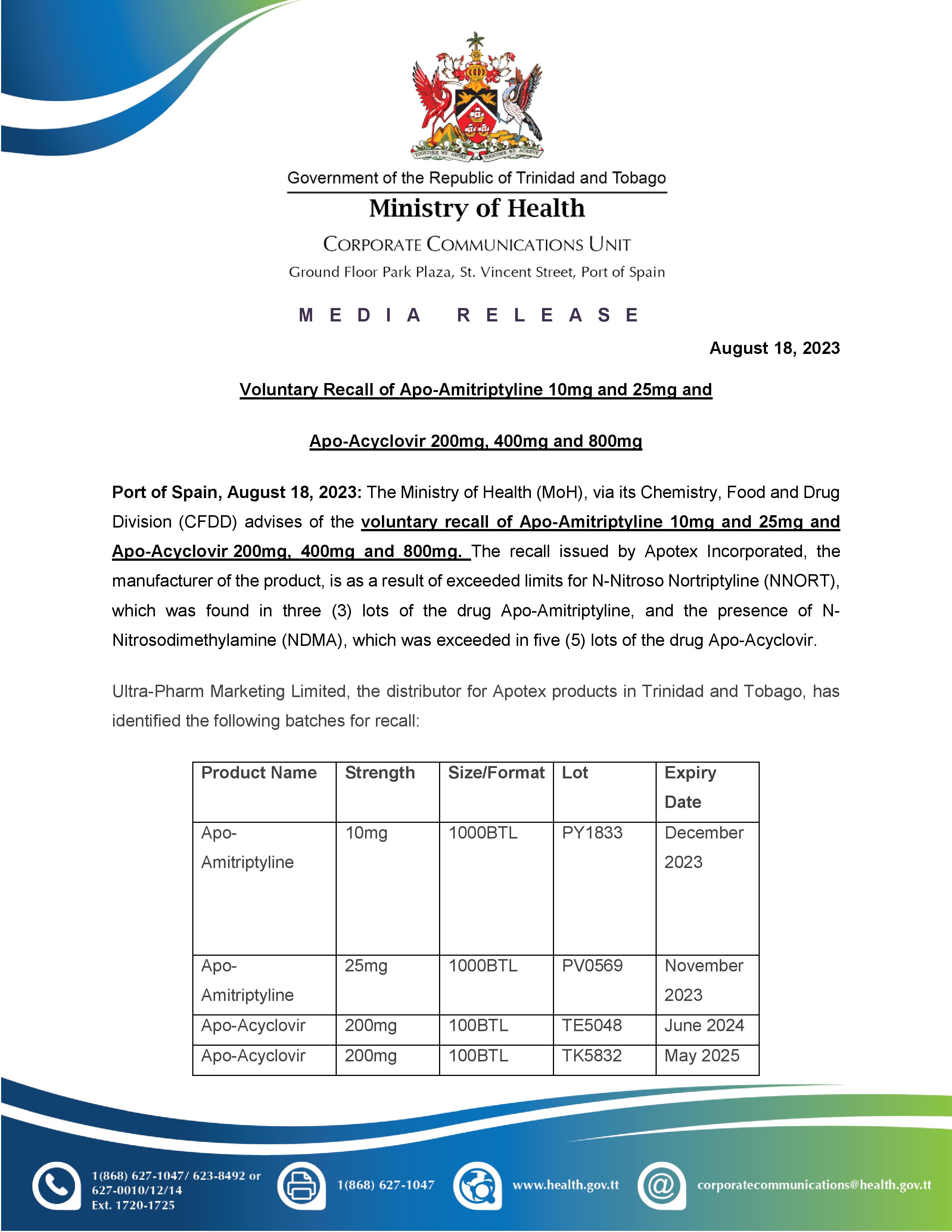 Media Release - Voluntary Recall of Apo-Amitriptyline 10mg and 25mg and Apo-Acyclovir 200mg, 400mg and 800mg