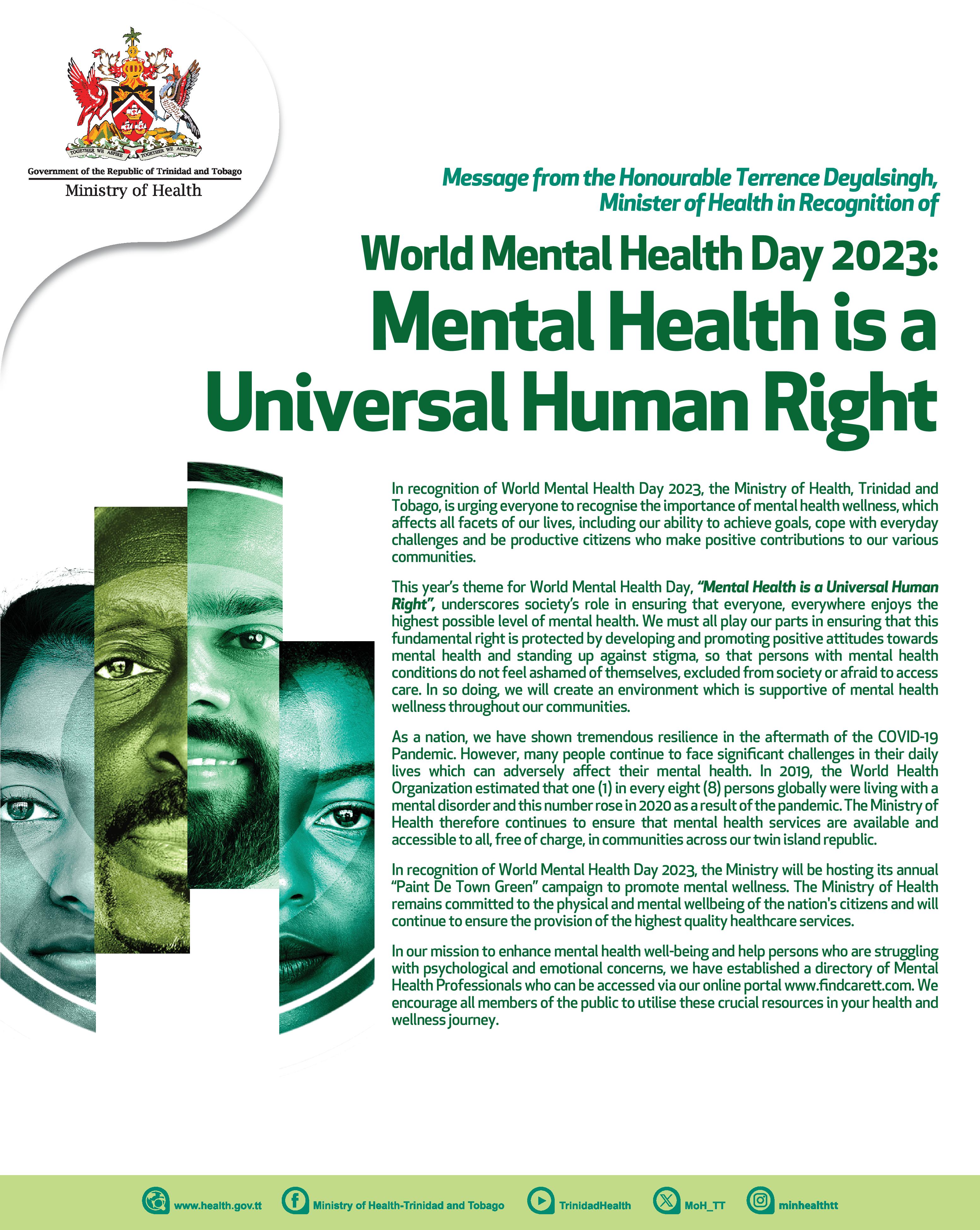 Message from the Minister of Health for World Mental Health Day 2023