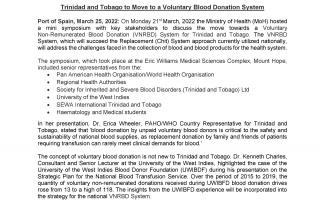 MoH Media Release: Trinidad and Tobago to Move to a Voluntary Blood Donation System