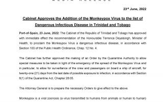 MoH Media Release: Cabinet Approves the Addition of the Monkeypox Virus to the list of Dangerous Infectious Disease in Trinidad and Tobago