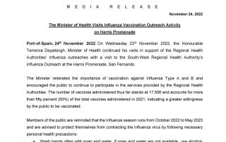 Media Release - The Minister of Health Visits Influenza Vaccination Outreach Activity on Harris Promenade