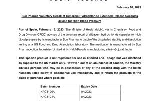 Media Release - Sun Pharma Voluntary Recall of Diltiazem Hydrochloride Extended Release Capsules 360mg for High Blood Pressure