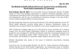 Media Release: The Minister of Health Calls for Robust and Targeted Action on NCDs at the World Health Organisation 76th Assembly