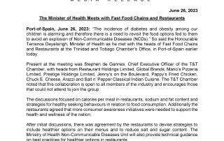 Media Release - The Minister of Health Meets with Fast Food Chains and Restaurants