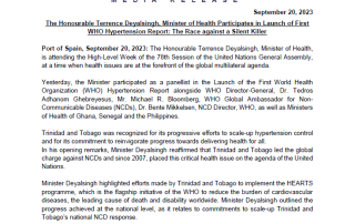 Media Release - The Honourable Terrence Deyalsingh, Minister of Health Participates in Launch of First WHO Hypertension Report: The Race against a Silent Killer