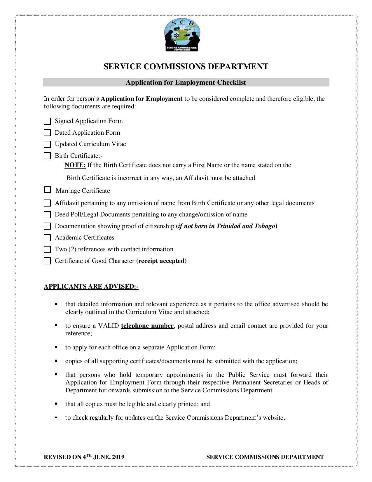 Application for Employment Checklist
