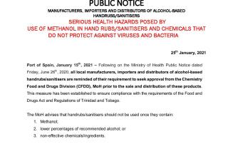 Health Hazard posed by use of methanol in hand rubs / sanitisers