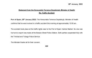 MoH Media Release: Statement from the Honourable Terrence Deyalsingh, Minister of Health Re: Traffic Accident