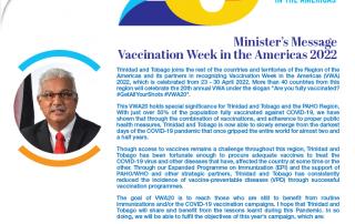 Message from the Honourable Terrence Deyalsingh, Minister of Health in commemoration of Vaccination Week in the Americas