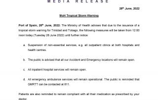 MoH Media Release- MoH Tropical Storm Warning