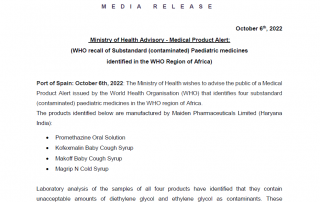 Ministry of Health Advisory - Medical Product Alert:  (WHO recall of Substandard (contaminated) Paediatric medicines  identified in the WHO Region of Africa)