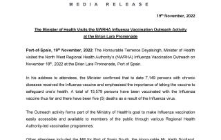 Media Release -Minister of Health Visits the NWRHA Influenza Vaccination Outreach Activity at the Brian Lara Promenade