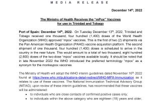 Media Release: The Ministry of Health Receives the “mPox” Vaccines for use in Trinidad and Tobago 