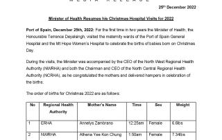 Media Release - Minister of Health Resumes his Christmas Hospital Visits for 2022