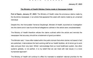 Media Release: The Ministry of Health Refutes Claims made in Newspaper Article